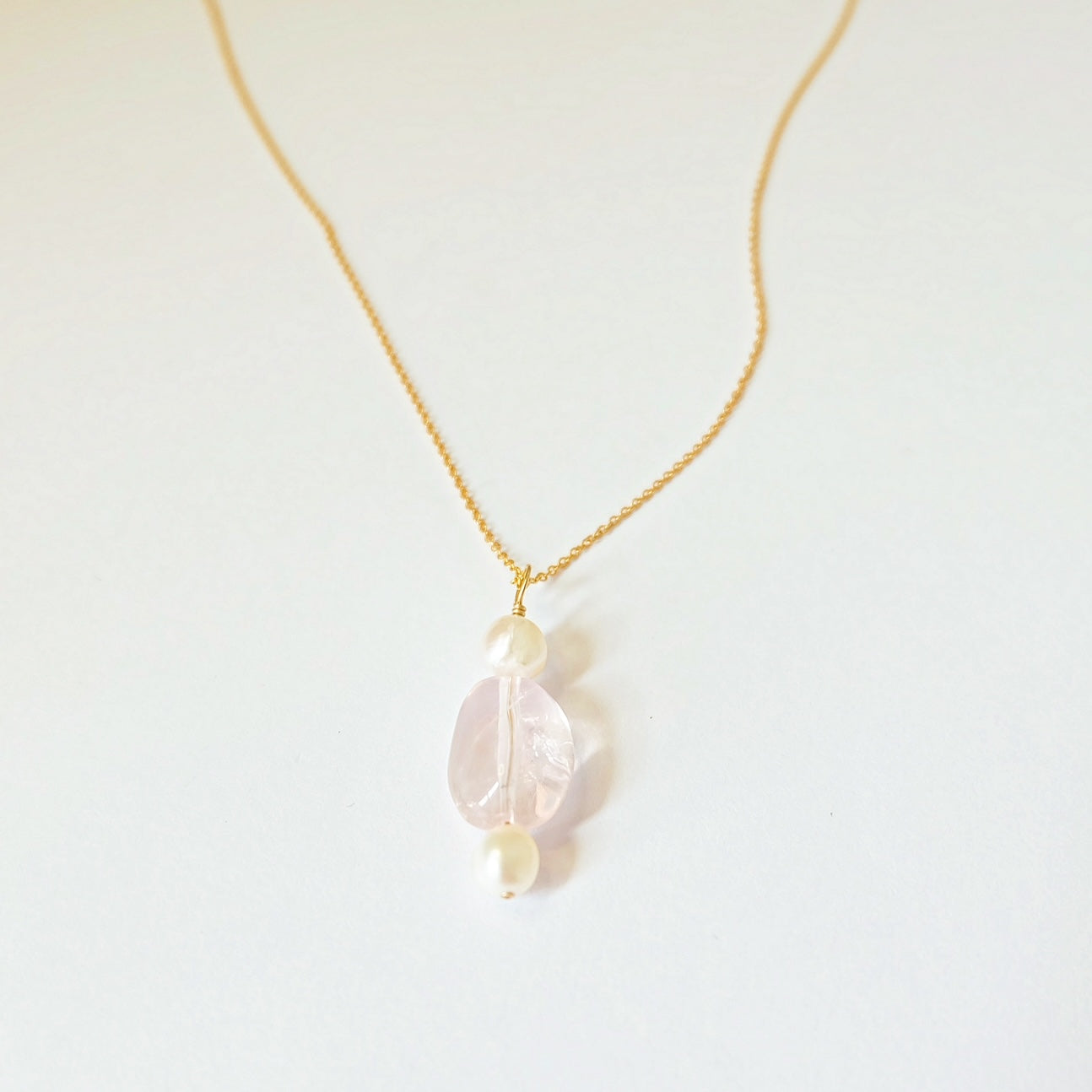 Morganite and pearl charm necklace on a 14K gold-filled chain