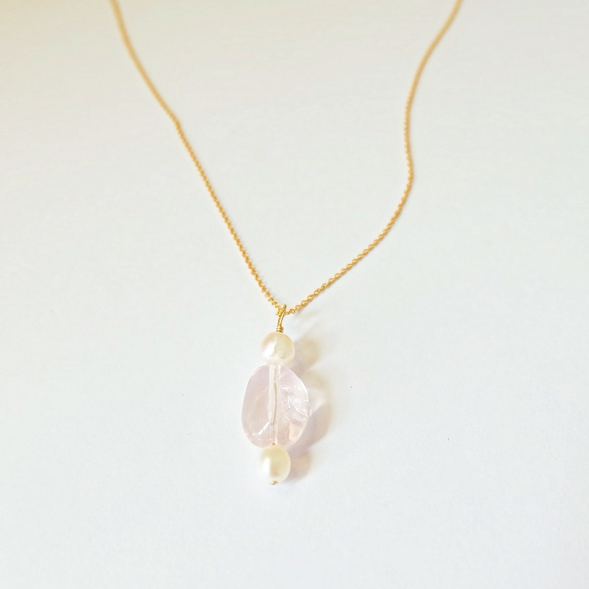 Morganite and pearl charm necklace on a 14K gold-filled chain