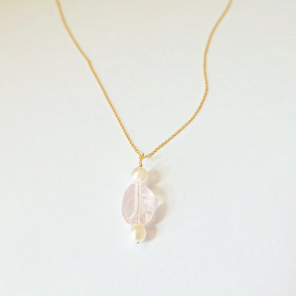 Morganite and pearl charm necklace on a 14K gold-filled chain