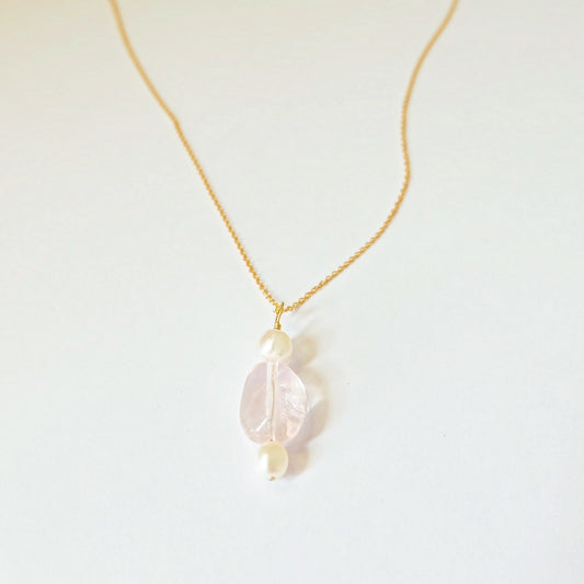 Morganite and pearl charm necklace on a 14K gold-filled chain