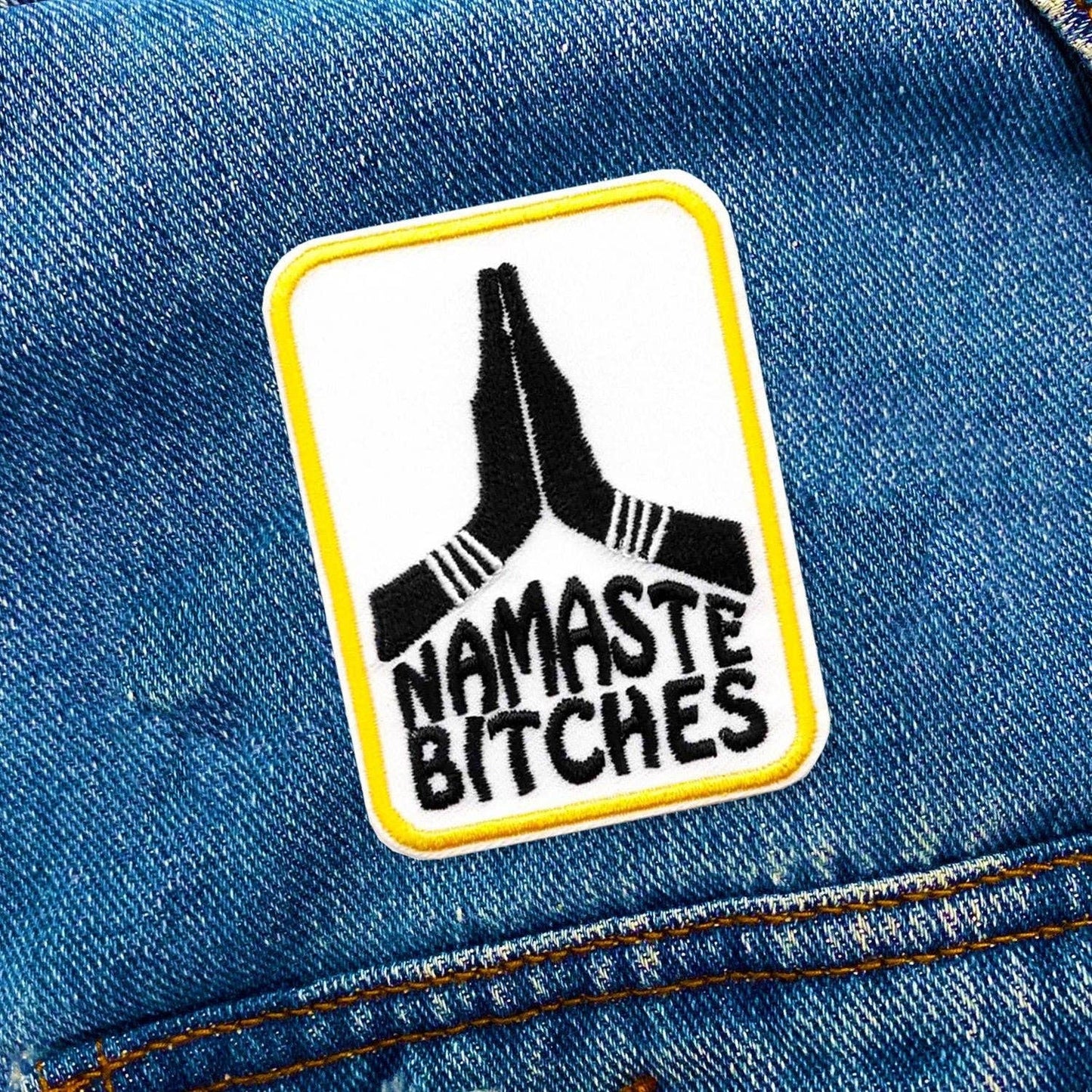 Namaste Bitches embroidered iron on patch, 3x2 inches