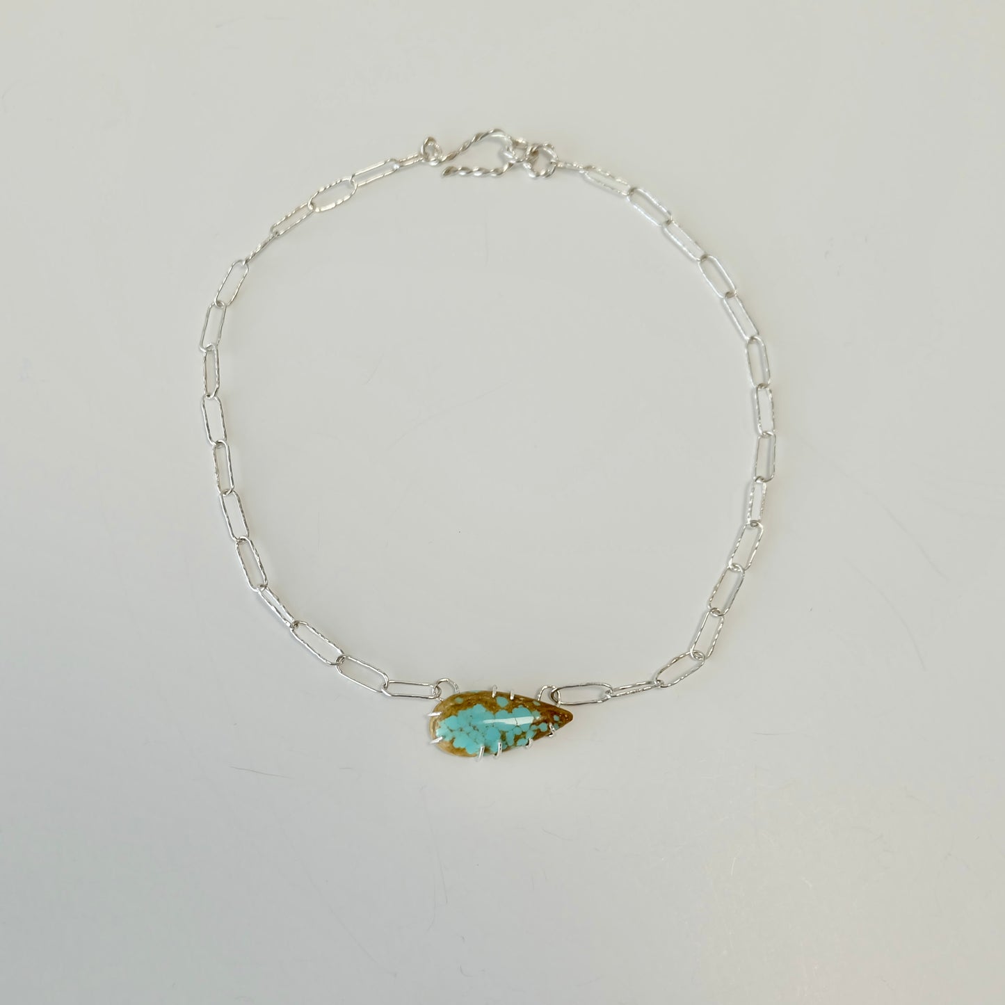 Number 8 Turquoise Paperclip Necklace with a vibrant pear shaped turquoise cabochon and handmade sterling silver links.