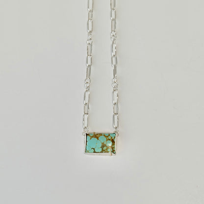 Number 8 Turquoise Paperclip Necklace with a vibrant rectangl turquoise cabochon and handmade sterling silver links.
