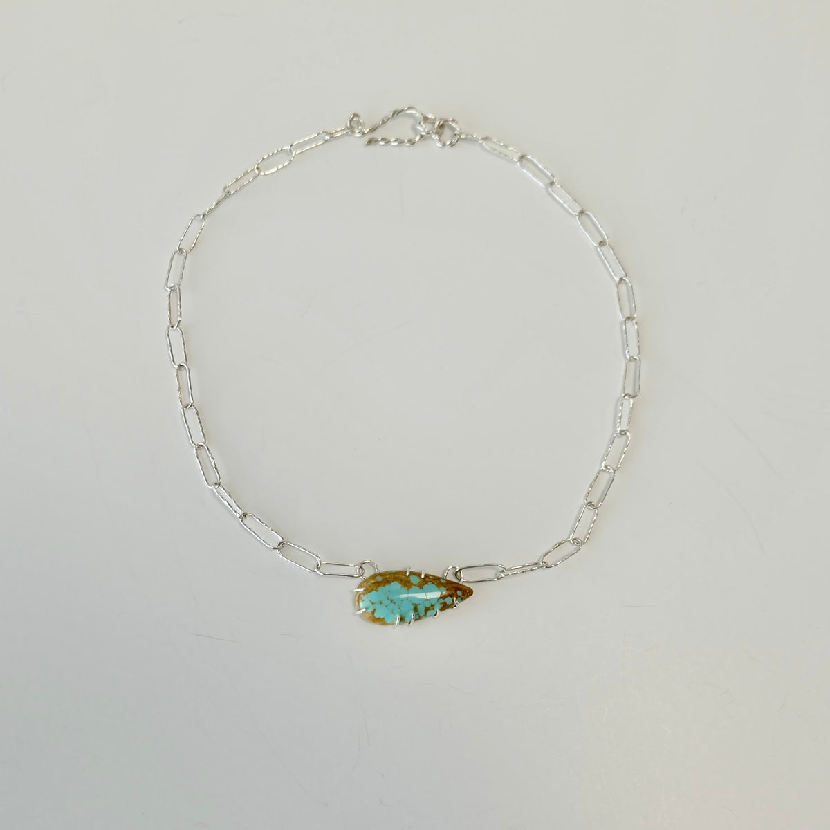 Number 8 turquoise paperclip necklace with a pear-shaped cabochon and handmade sterling silver links