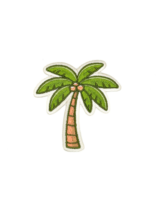 Palm tree patch with green fronds and brown trunk, 2.5 x 2.75 inches