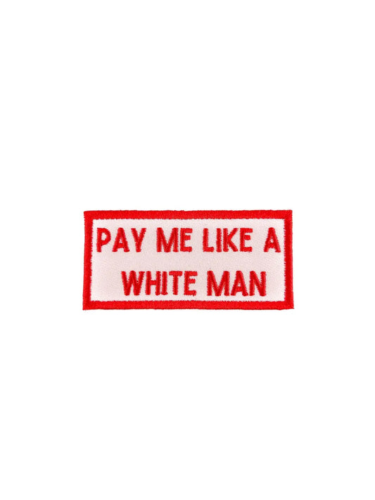 Pay equity statement patch in pink and red, 1.25 x 2.75 inches