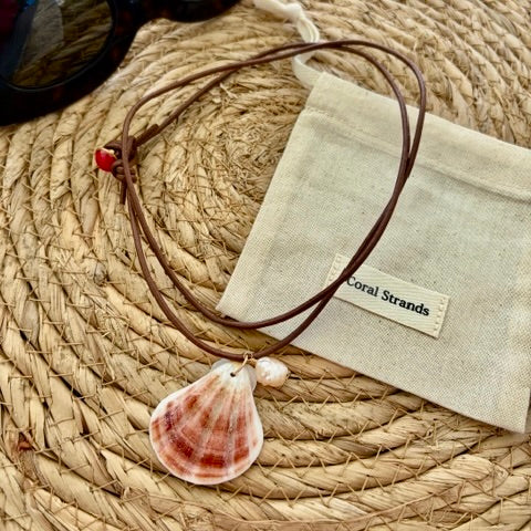 Peach fan shell pendant necklace with pearl on brown leather cord