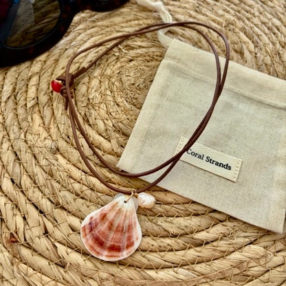 Peach fan shell pendant necklace with pearl on brown leather cord