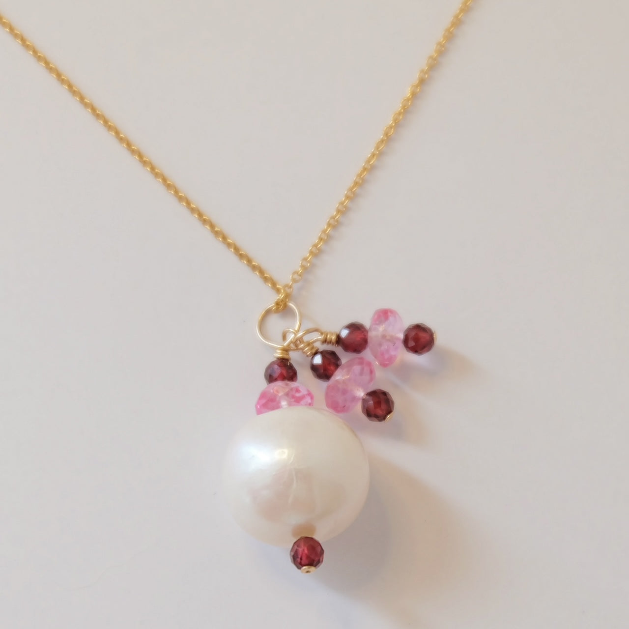 Pearl Charm Necklace | Pink Topaz & Garnet