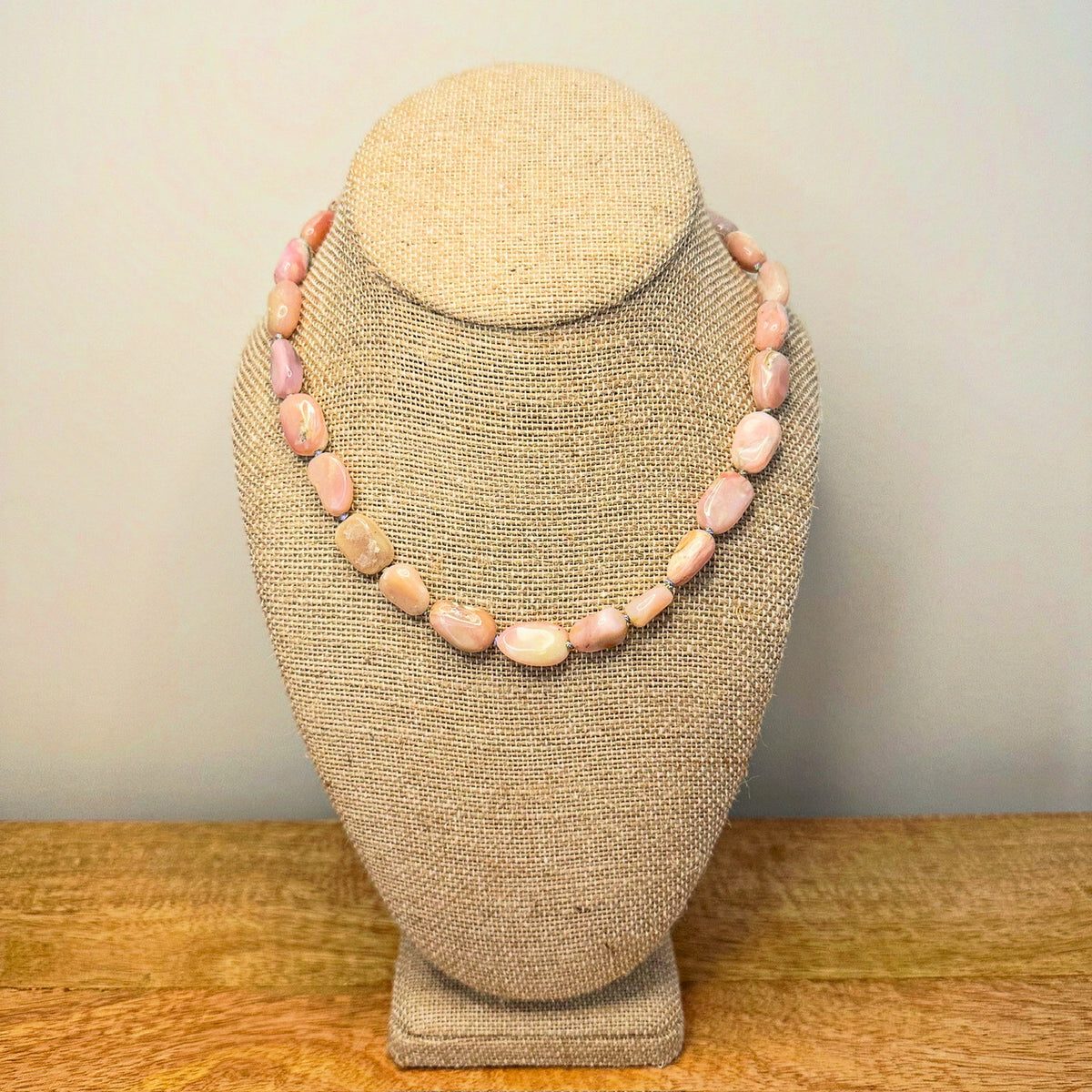 Soft pastel Peruvian pink opal beads hand-knotted on lavender thread