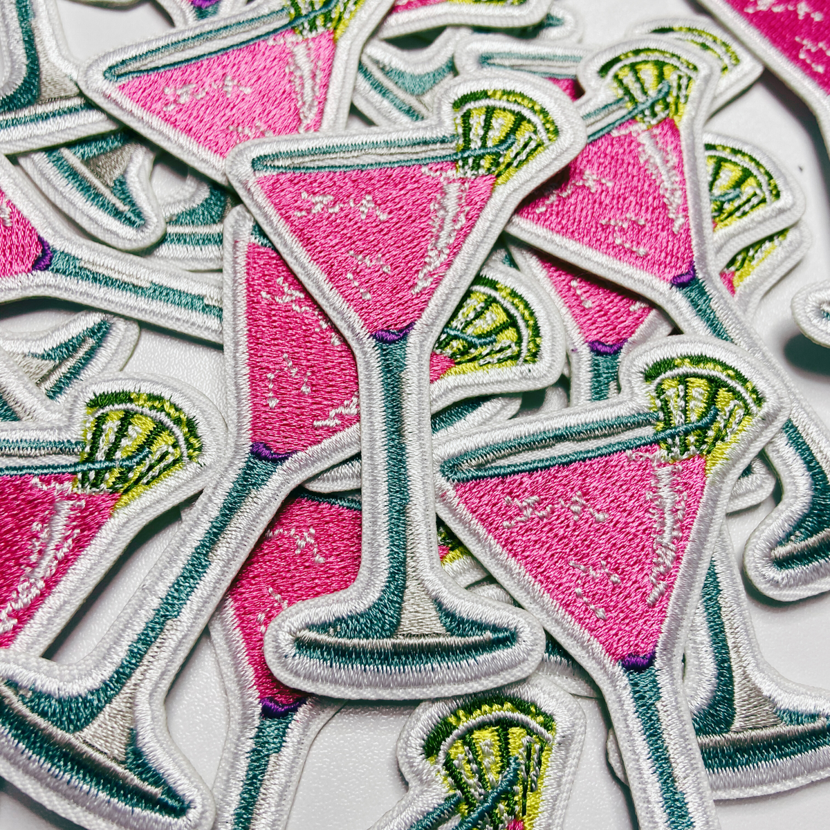 Pink cocktail embroidered iron-on patch, view 2
