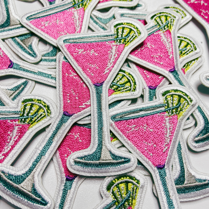 Pink cocktail embroidered iron-on patch, view 2