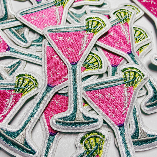 Pink cocktail drink patch, 3-inch embroidered applique