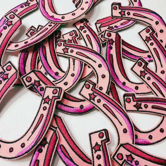 Pink lucky horseshoe embroidered patch, 3 inches