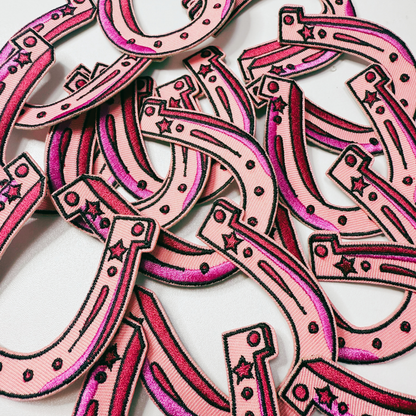 Pink horseshoe embroidered iron-on patch, view 2