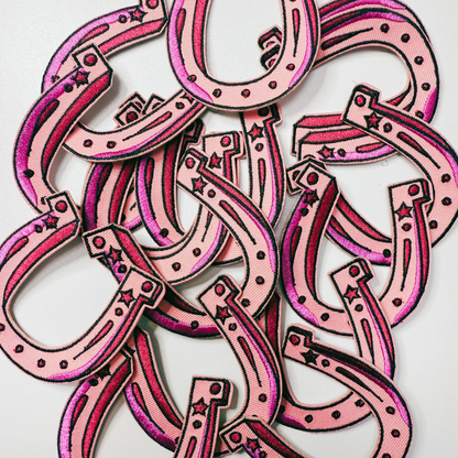 Pink horseshoe embroidered iron-on patch, view 3