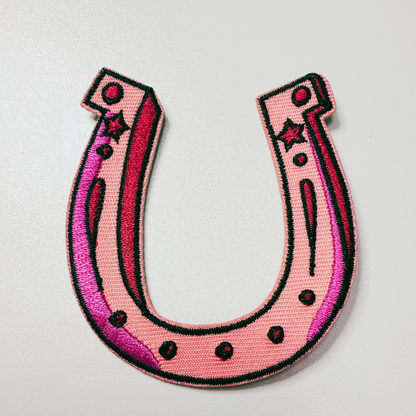 Pink horseshoe embroidered iron-on patch