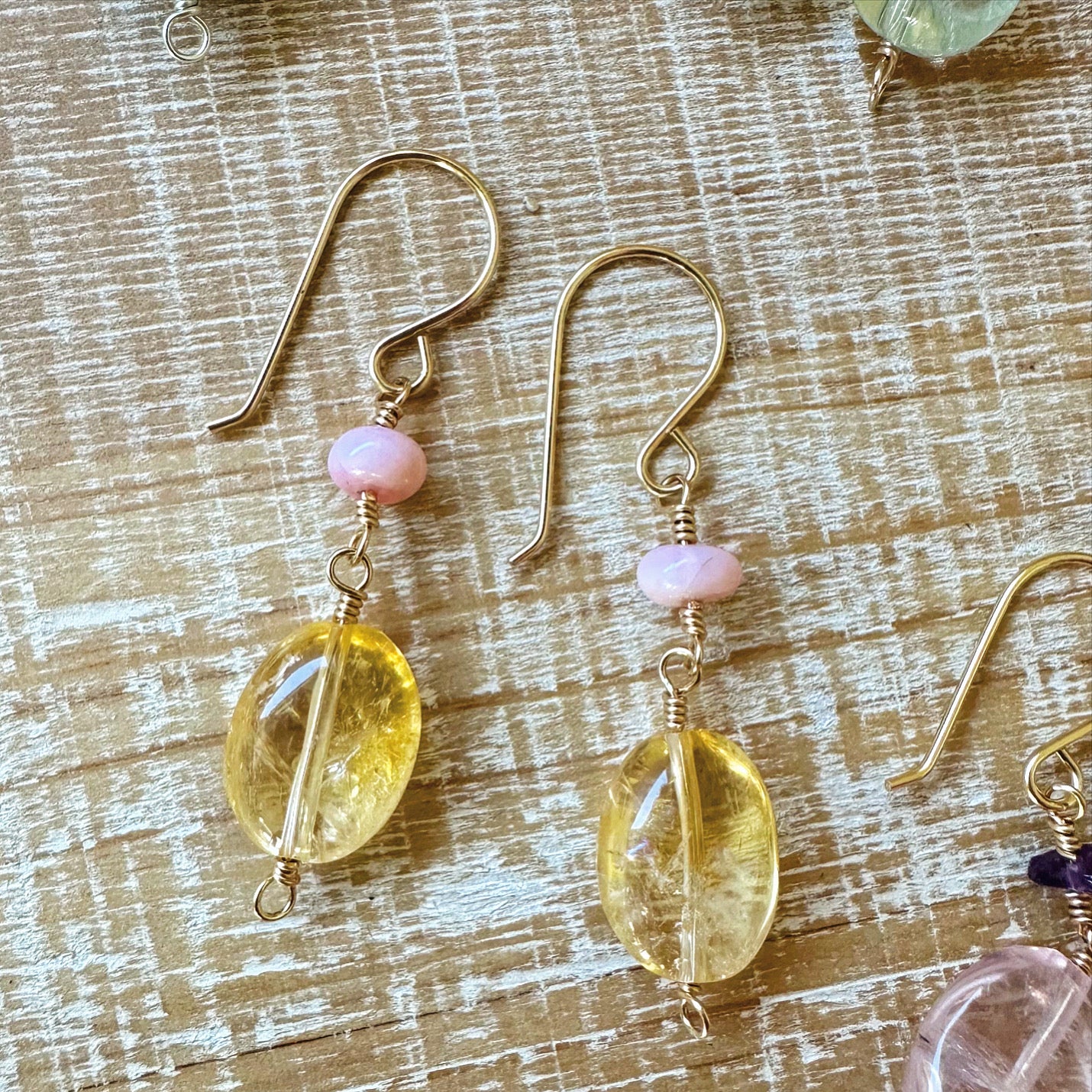 pink opal citrine gold dangle earrings