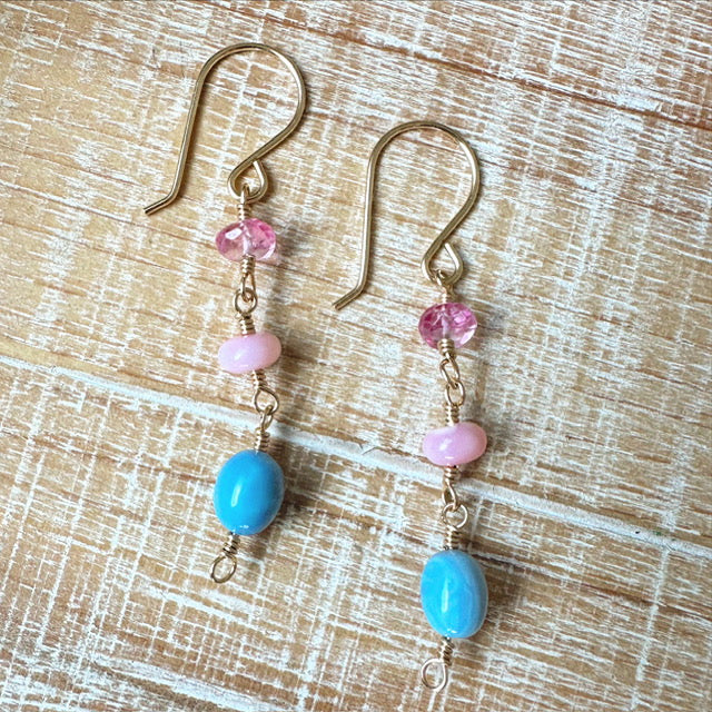 pink topaz pink blue opal gold dangle earrings