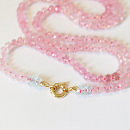 Solid 14K gold clasp detail on a pink tourmaline beaded candy necklace