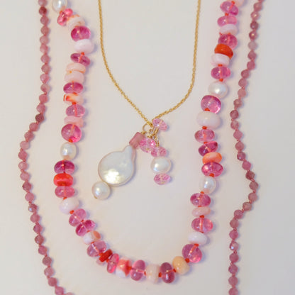 Dainty necklace with pink tourmaline and pearl charms