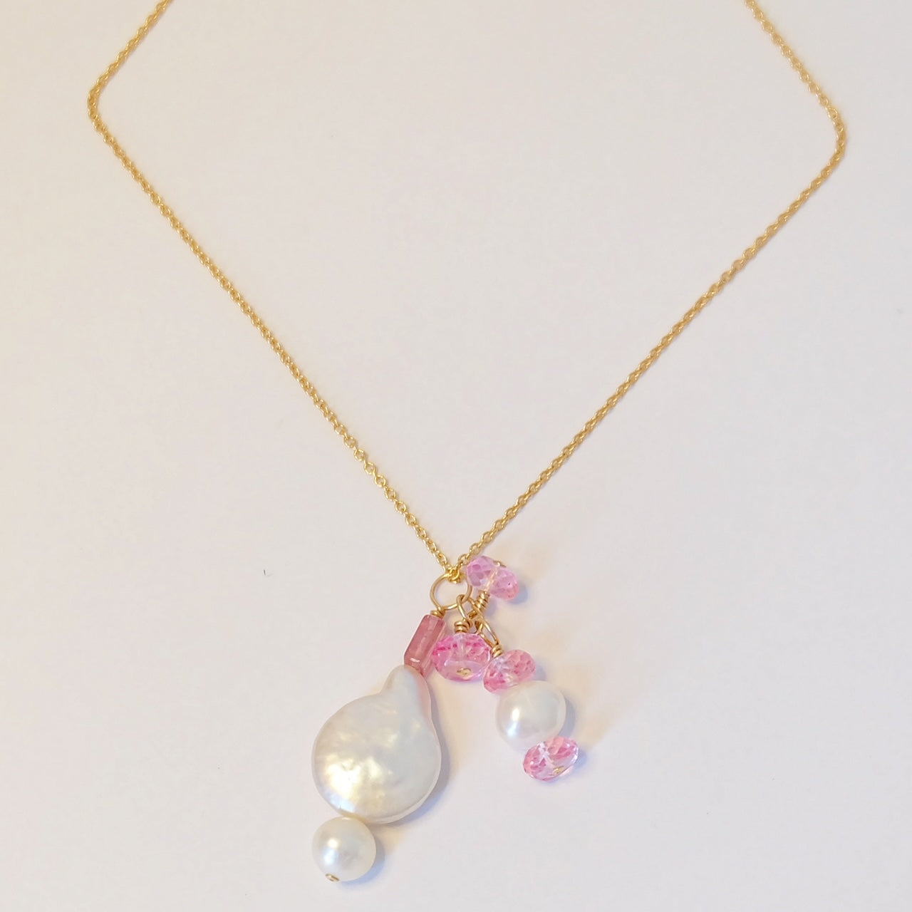 Pink tourmaline and pearl charm necklace