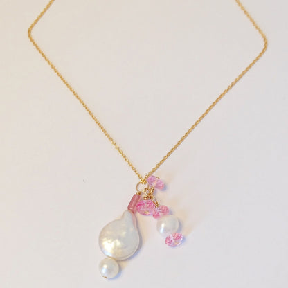 Pink tourmaline and pearl charm necklace
