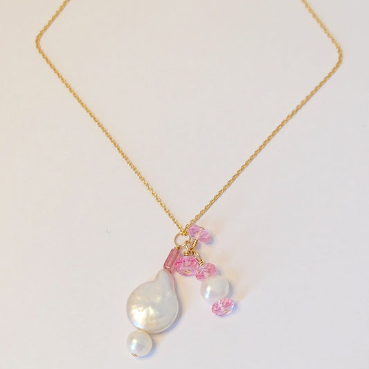 Pink tourmaline and pearl charm necklace
