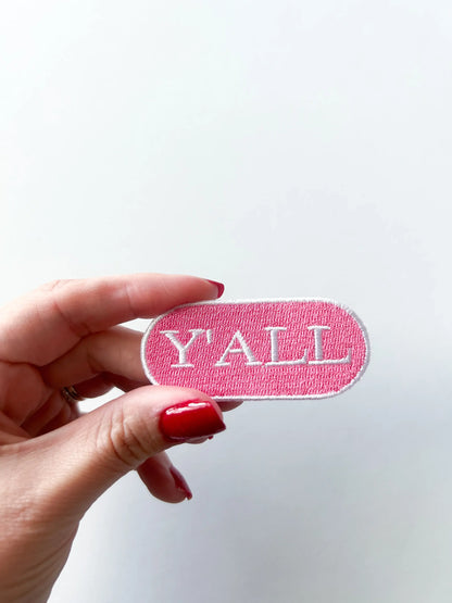 Pink Y'all embroidered iron-on patch in pink