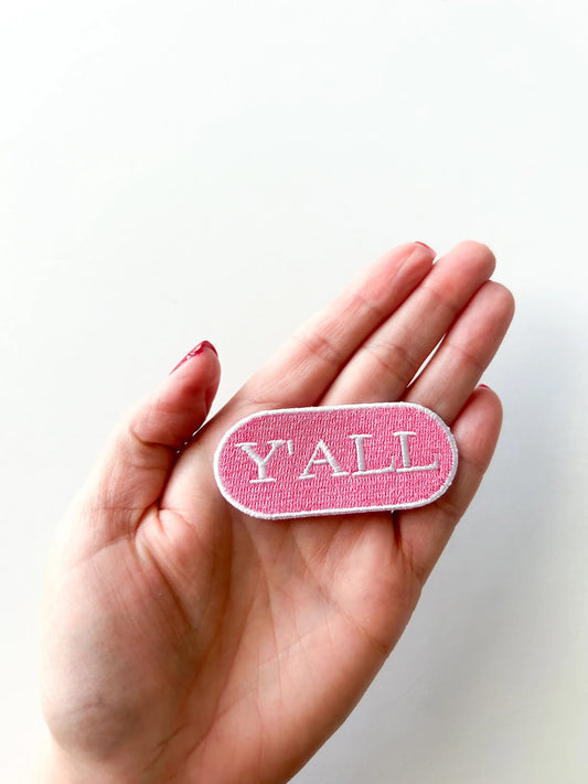 Small pink Y'all accent patch, 1 x 2.5 inches