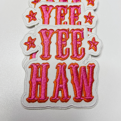 Pink Yee Haw cowgirl patch in pink embroidery, 3 inches