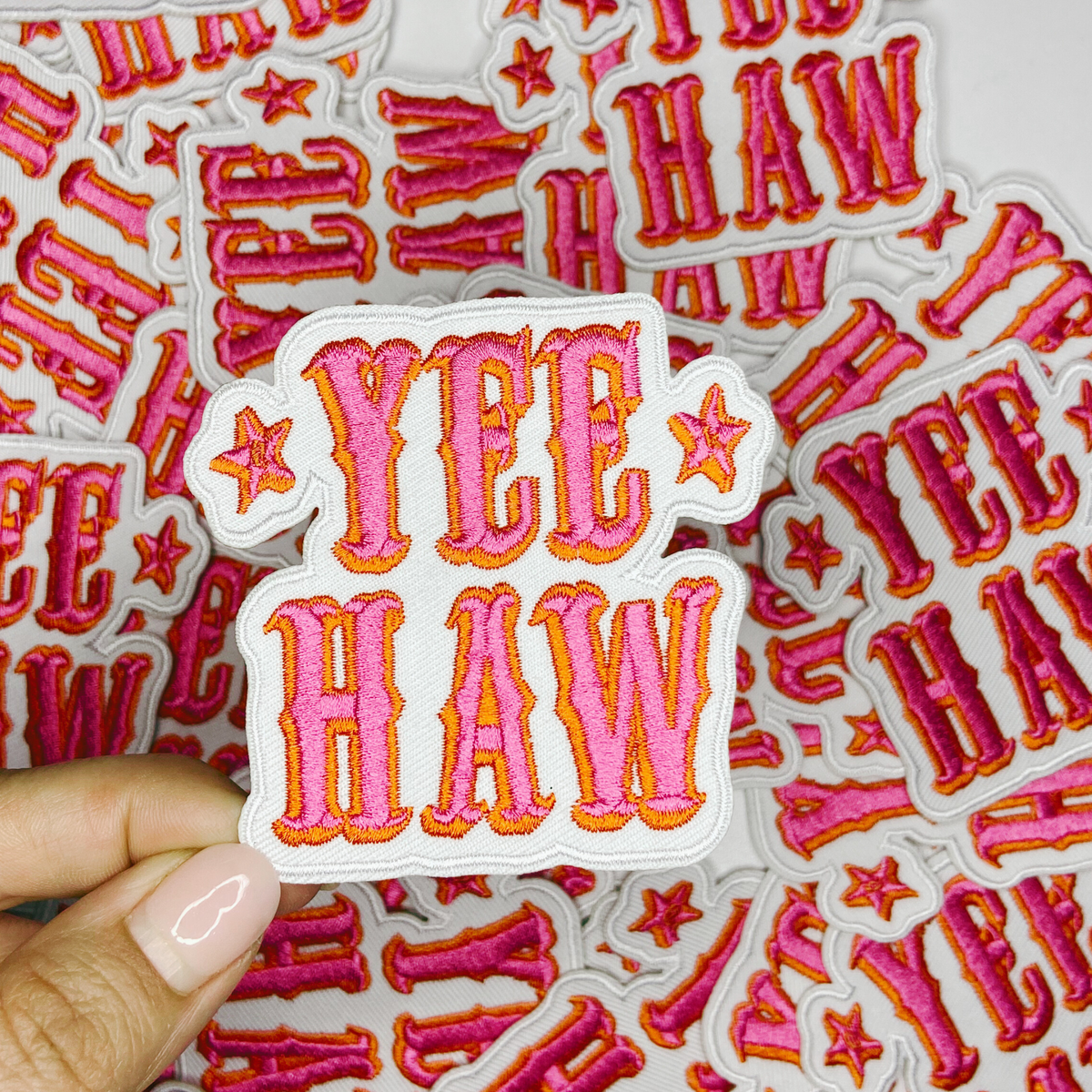 Pink Yee Haw embroidered applique for cowgirl totes and country concerts