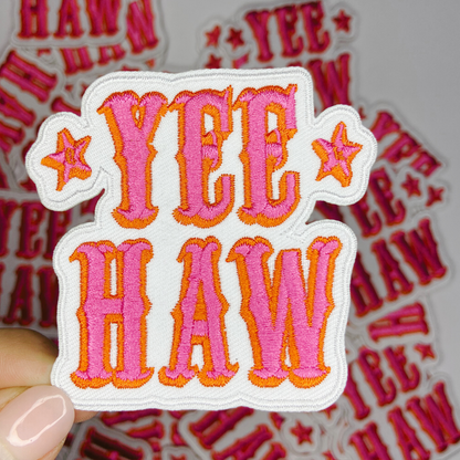 Pink Yee Haw embroidered iron-on patch