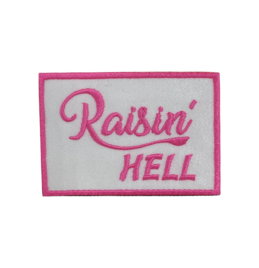 Raisin Hell hot pink script embroidered iron on patch