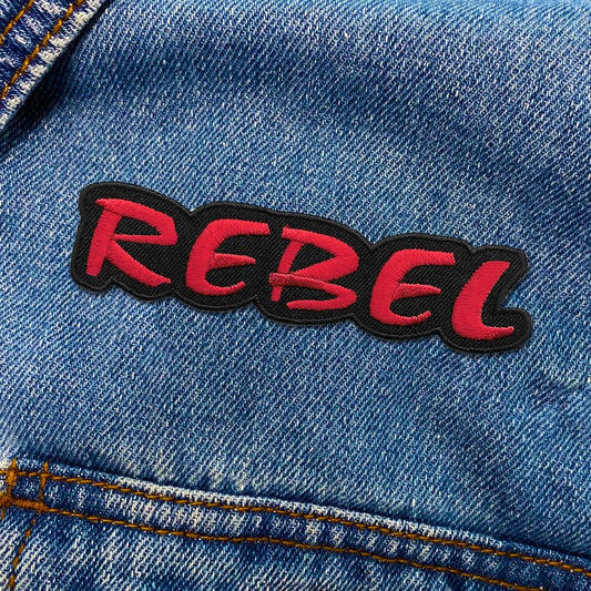 Rebel text embroidered iron on patch for tote bags and jackets