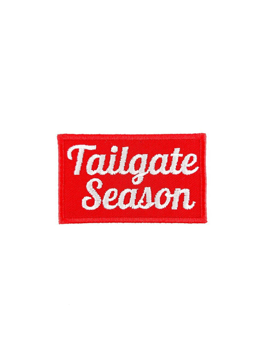 Red Tailgate Season white lettering embroidered iron on football patch for tote bags and tailgating