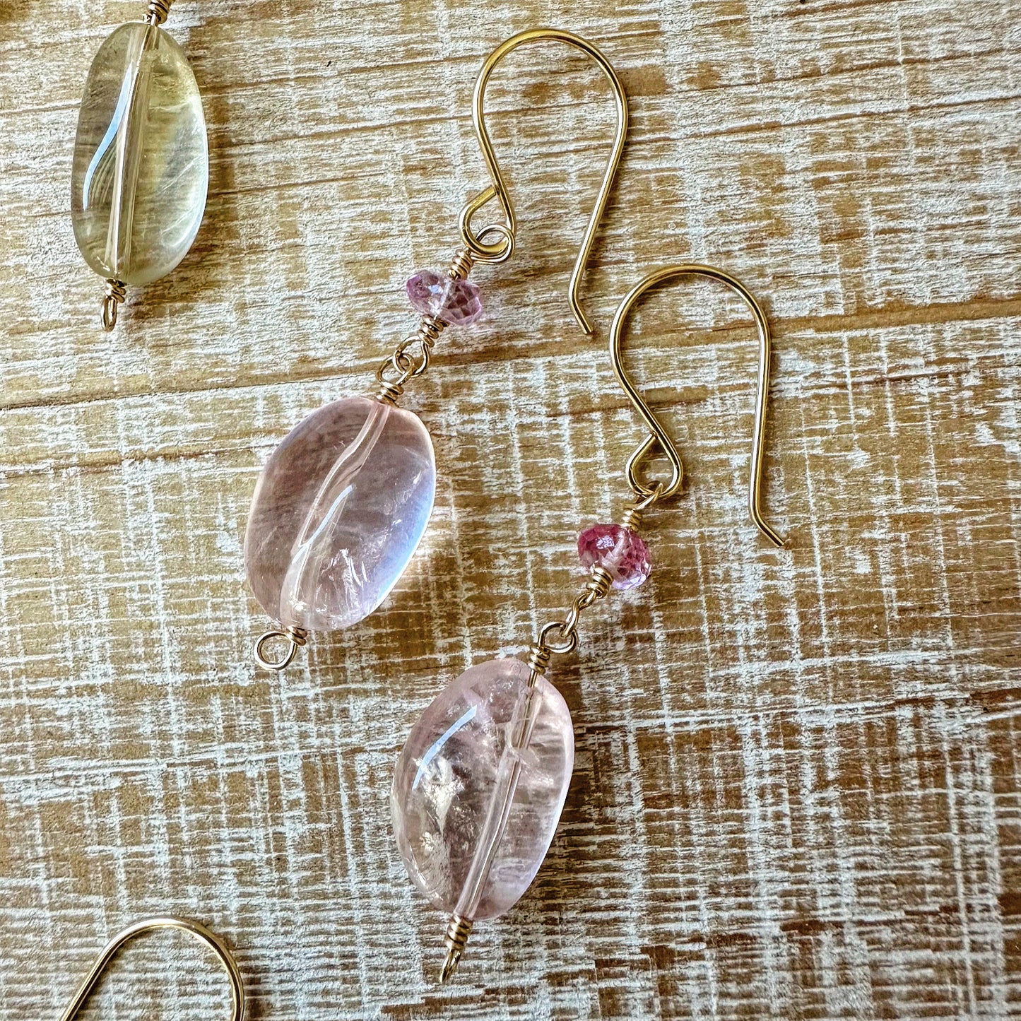 rose quartz pink topaz gold dangle earrings