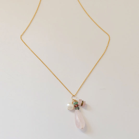 Rose quartz and tourmaline charm necklace on a 14K gold-filled chain