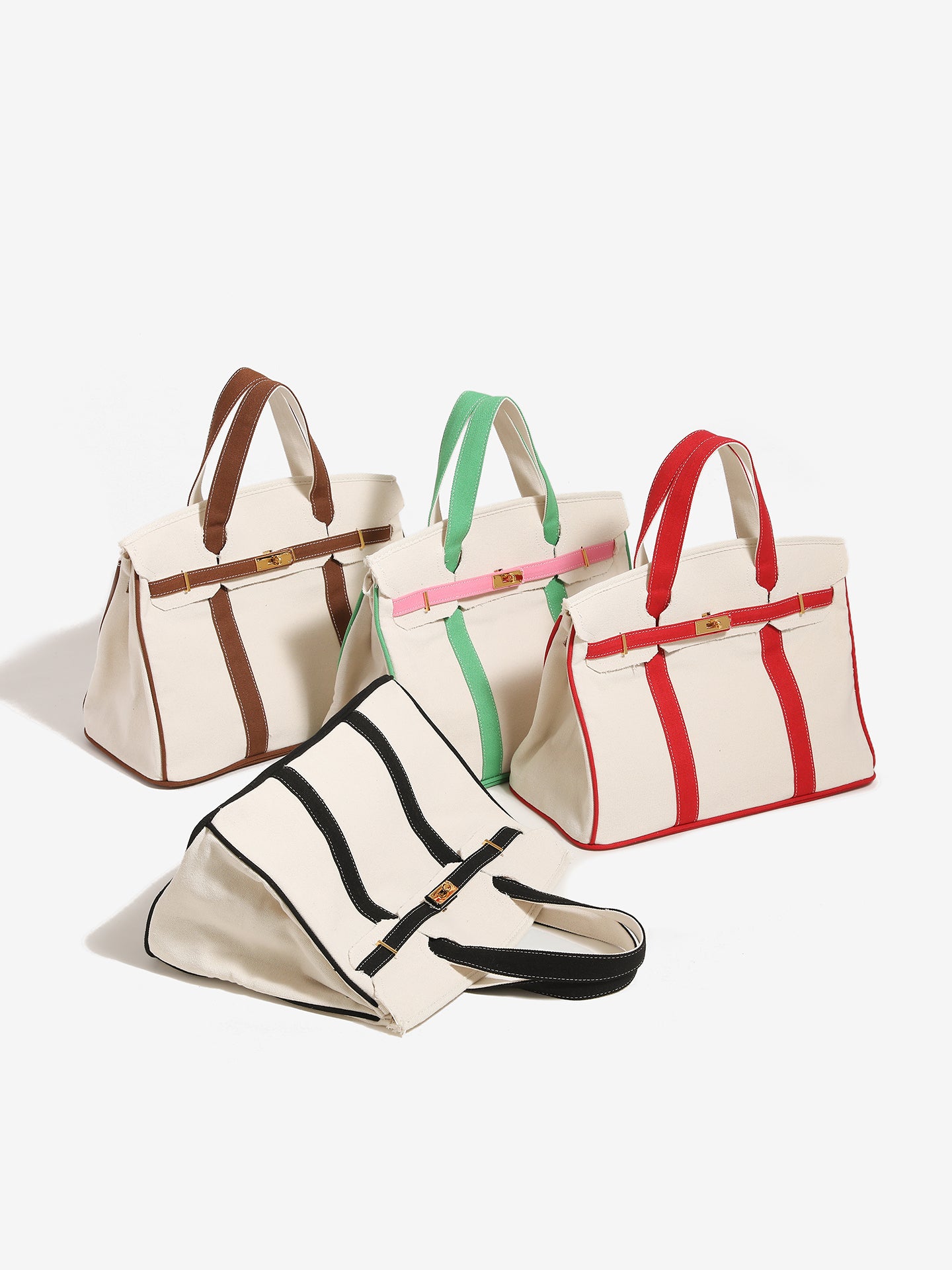 Four tote bags with different color combinations on a white background