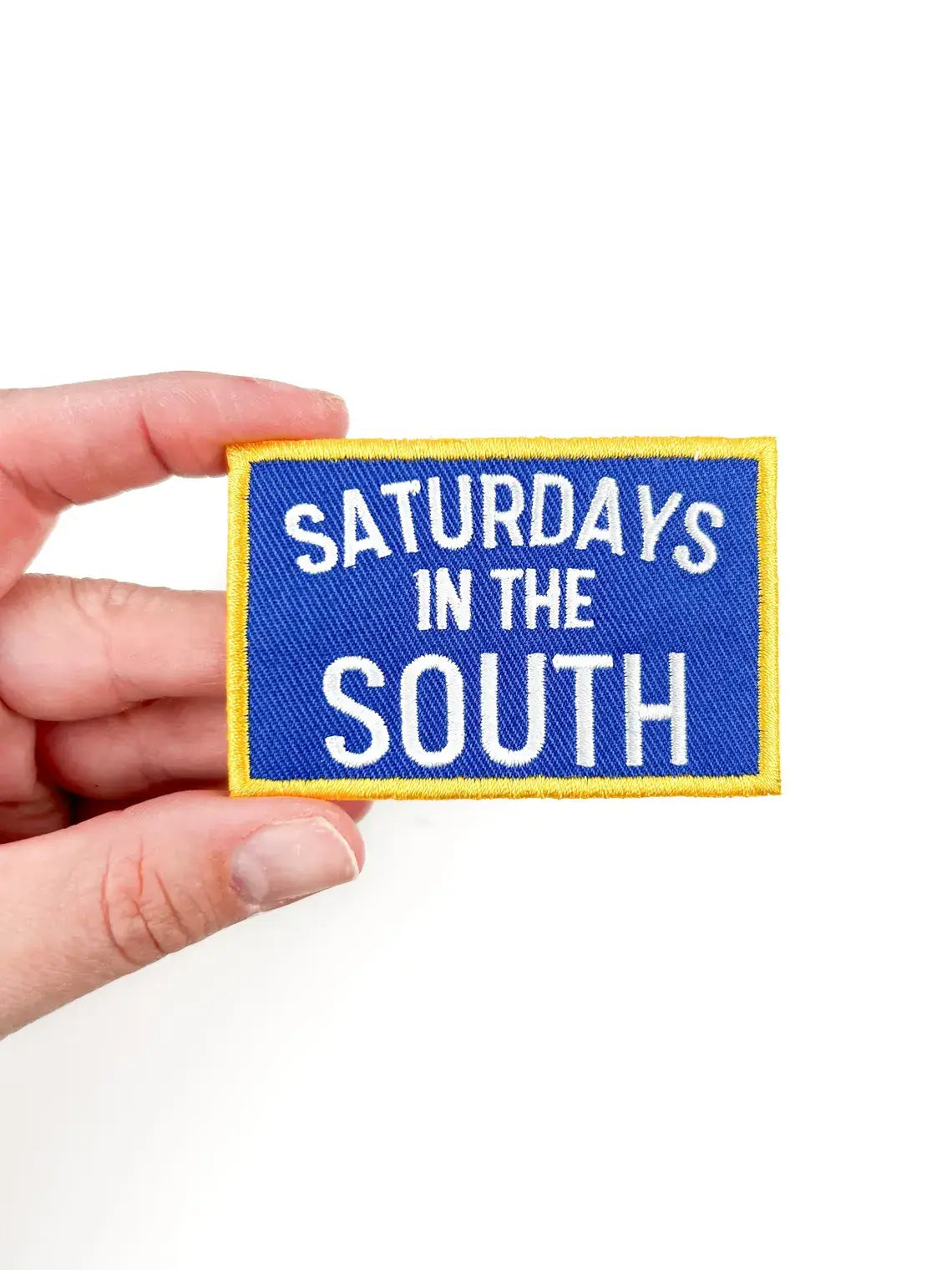 Saturdays in the South blue white and yellow embroidered iron on patch for tote bags and game day