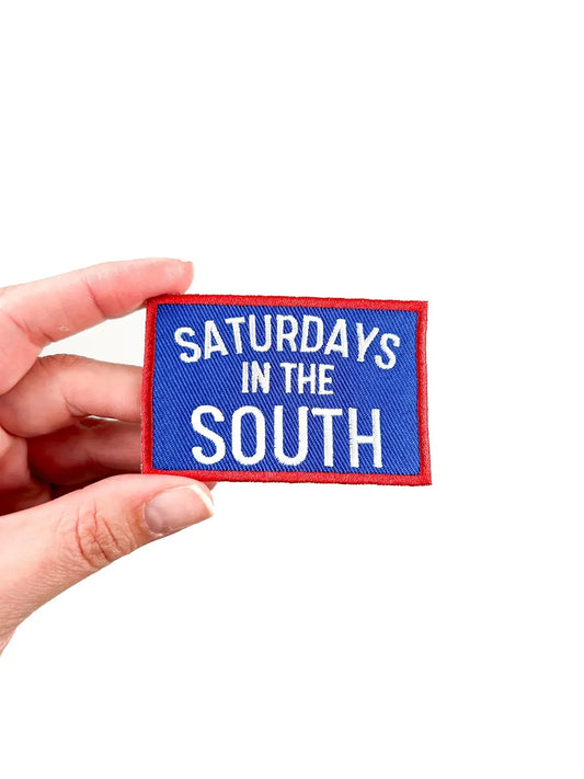 Saturdays in the South red white and blue embroidered iron on patch for tote bags and game day