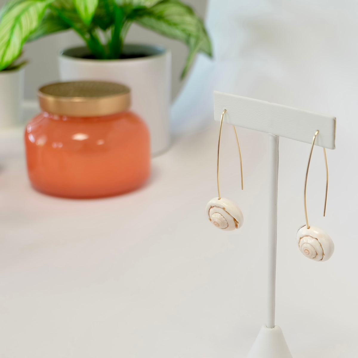 Pair of handmade sea shell threader earrings in 14K gold-filled
