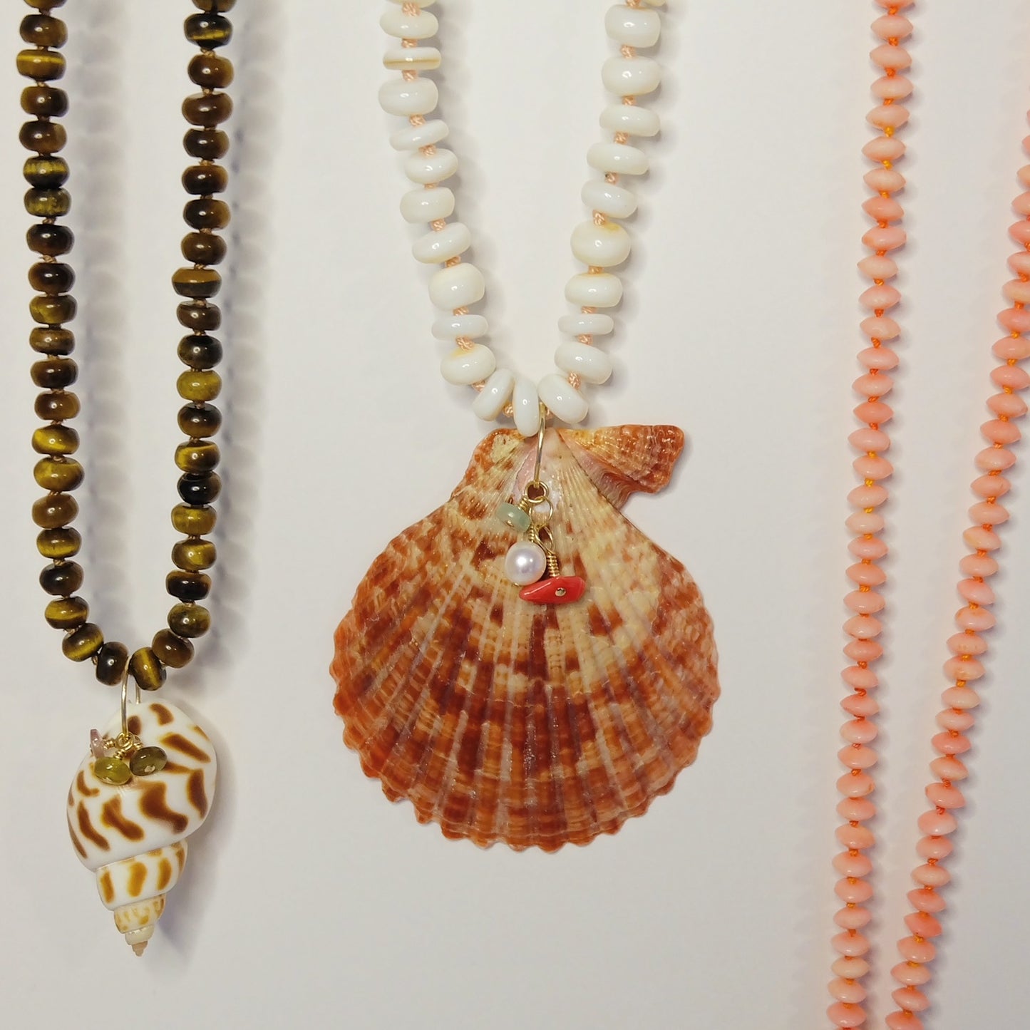 Close-up of seashell necklace details