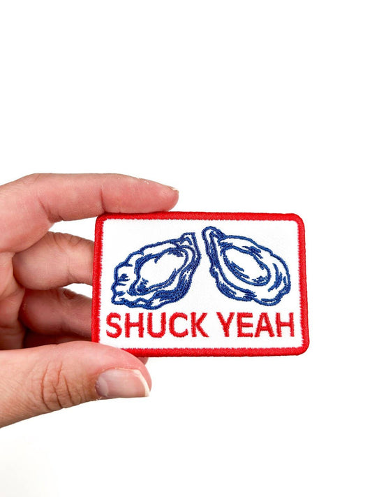 Shuck Yeah oyster iron on patch, red white and blue, 1.75x2.75 inches