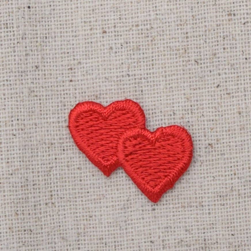 Small double red heart embroidered iron-on patch