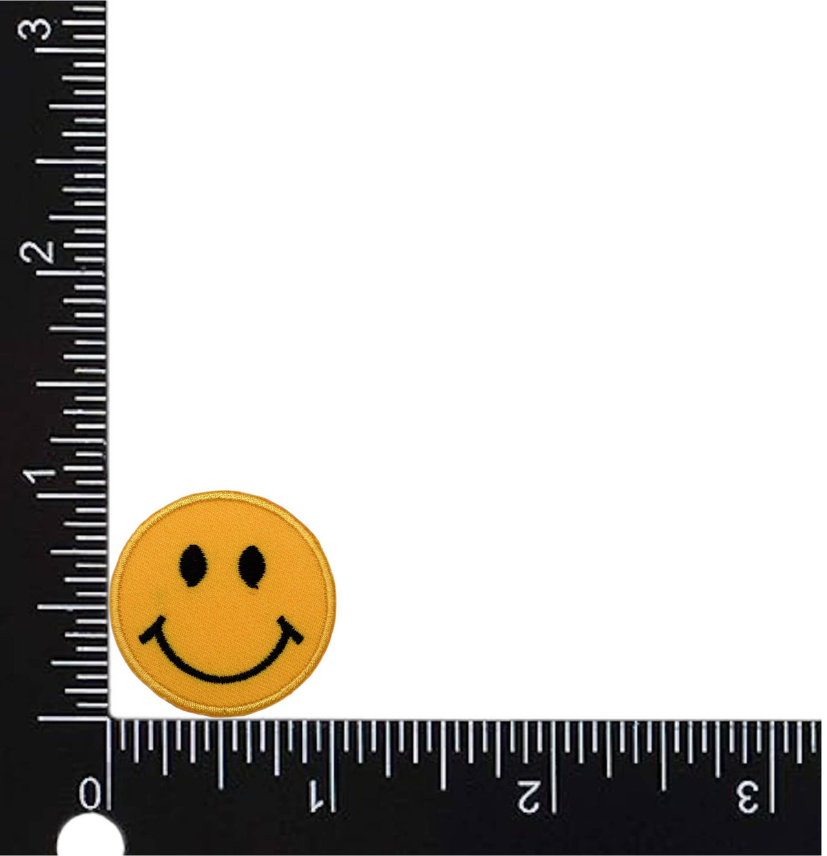 Small smiley face embroidered iron-on patch, view 4