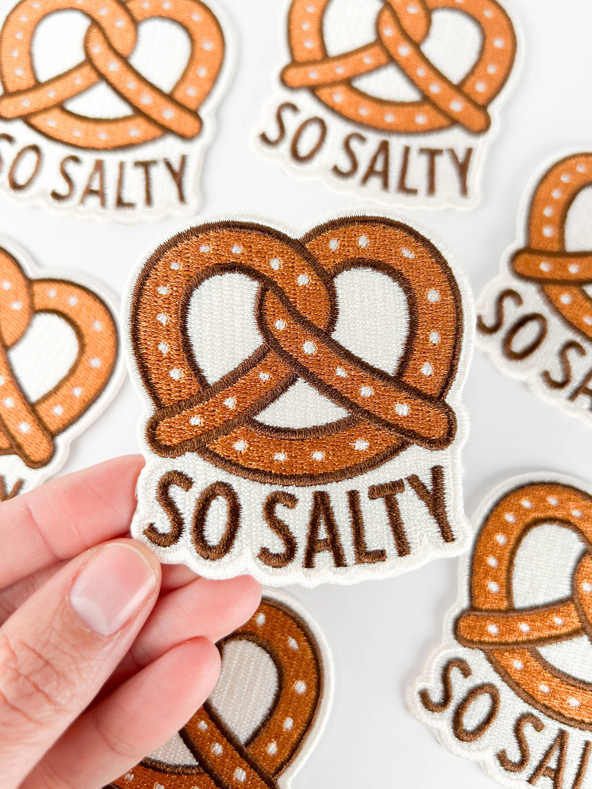 So Salty pretzel embroidered iron-on patch, view 5