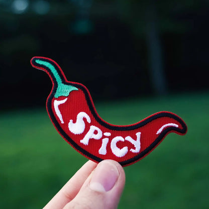 Spicy Pepper red embroidered iron on patch with bubble white lettering