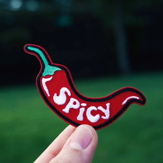 Spicy Pepper red embroidered iron on patch with bubble white lettering