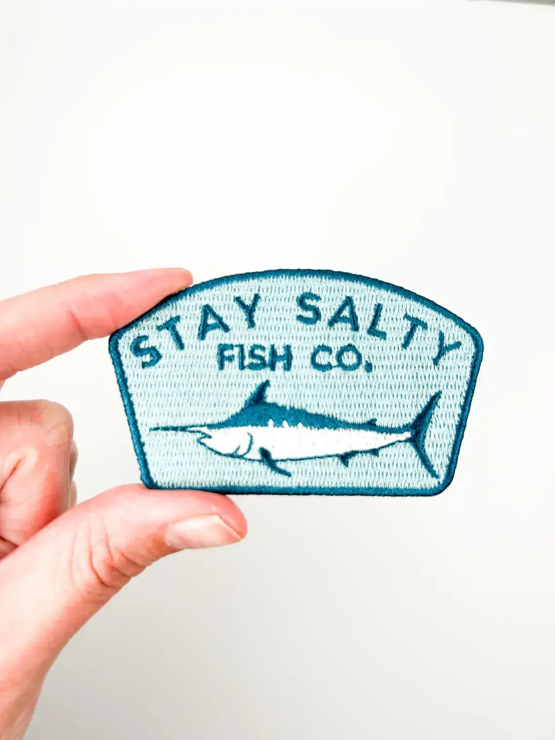 Stay Salty Fish Co. embroidered iron on patch, blue marlin design, 1.75x3 inches
